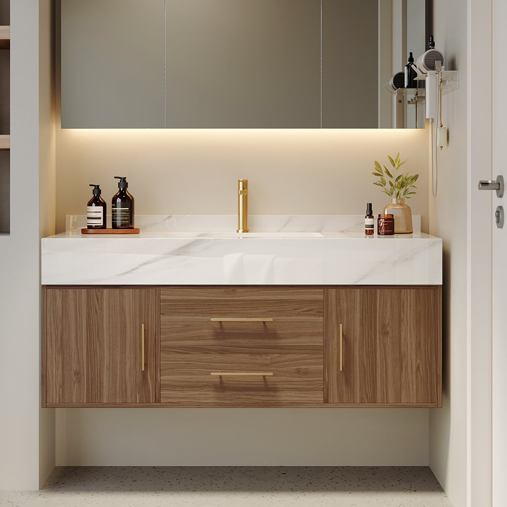 Japandi Walnut Floating Bathroom Vanity - Japandi