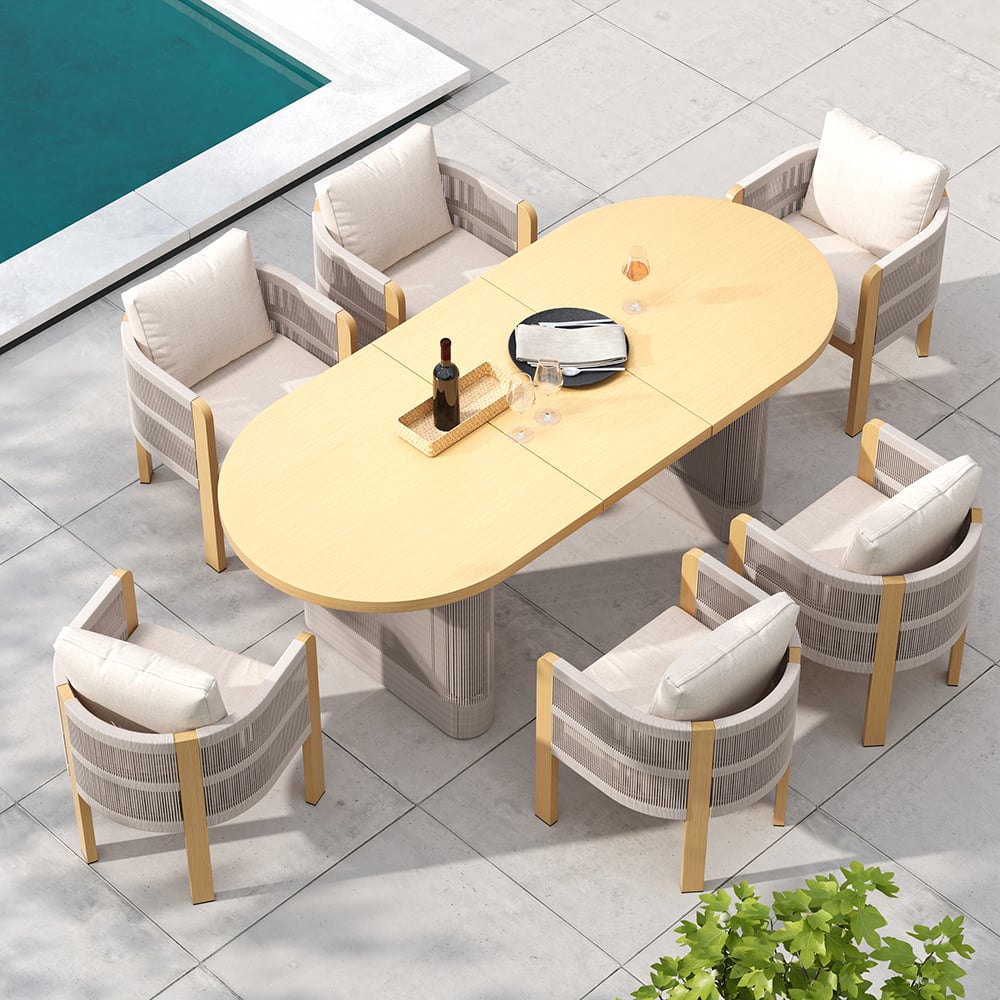 Japandi Aluminum Outdoor Dining Set With Extendable Table and Woven Chairs - Japandi