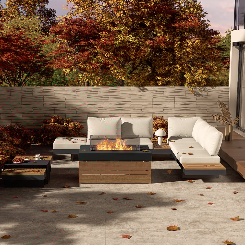 Japandi Fire Pit Table With Modern Outdoor Sectional Sofa - Japandi