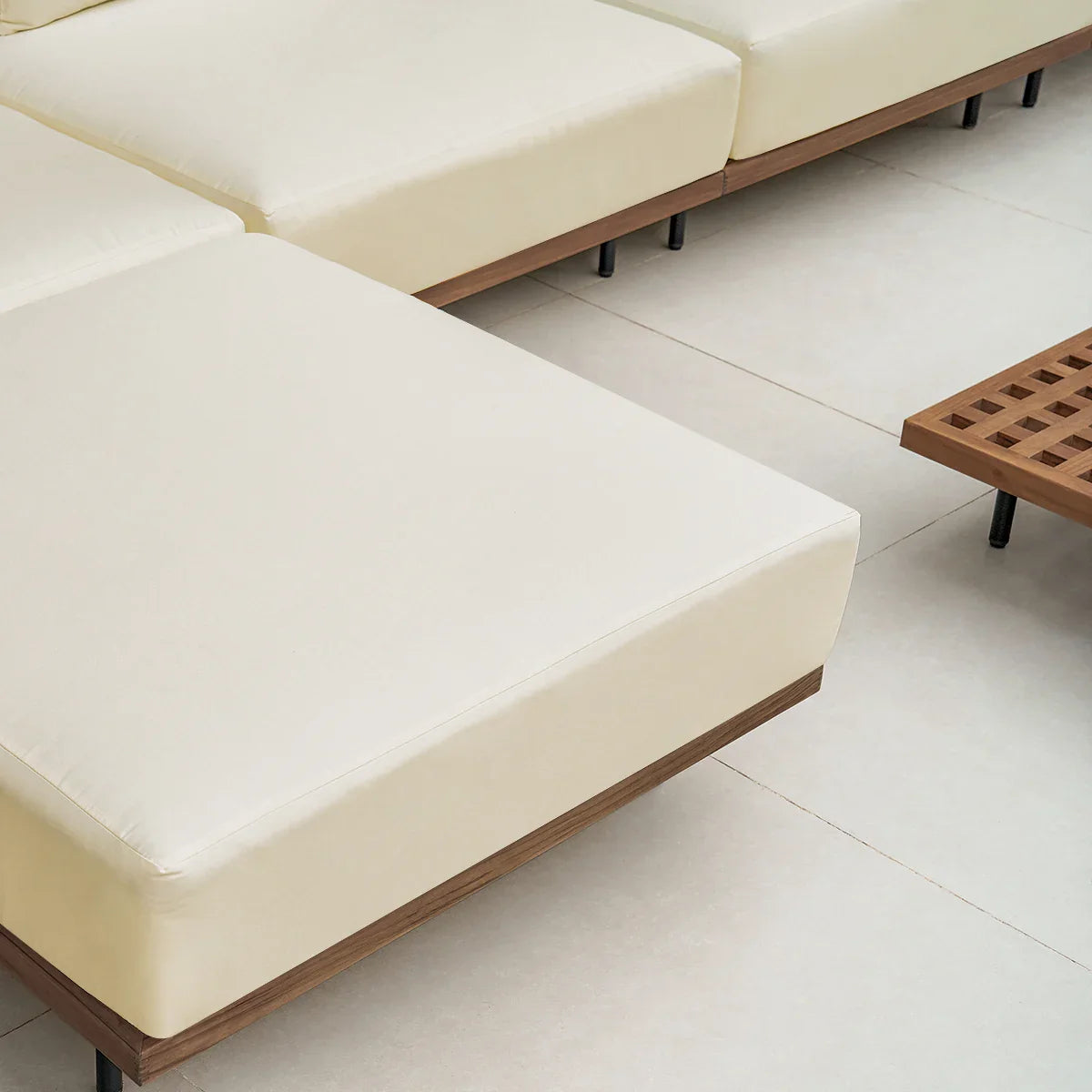 Japandi Propane Gas Fire Pit Table & Beige Outdoor Sectional Sofa Set - Japandi