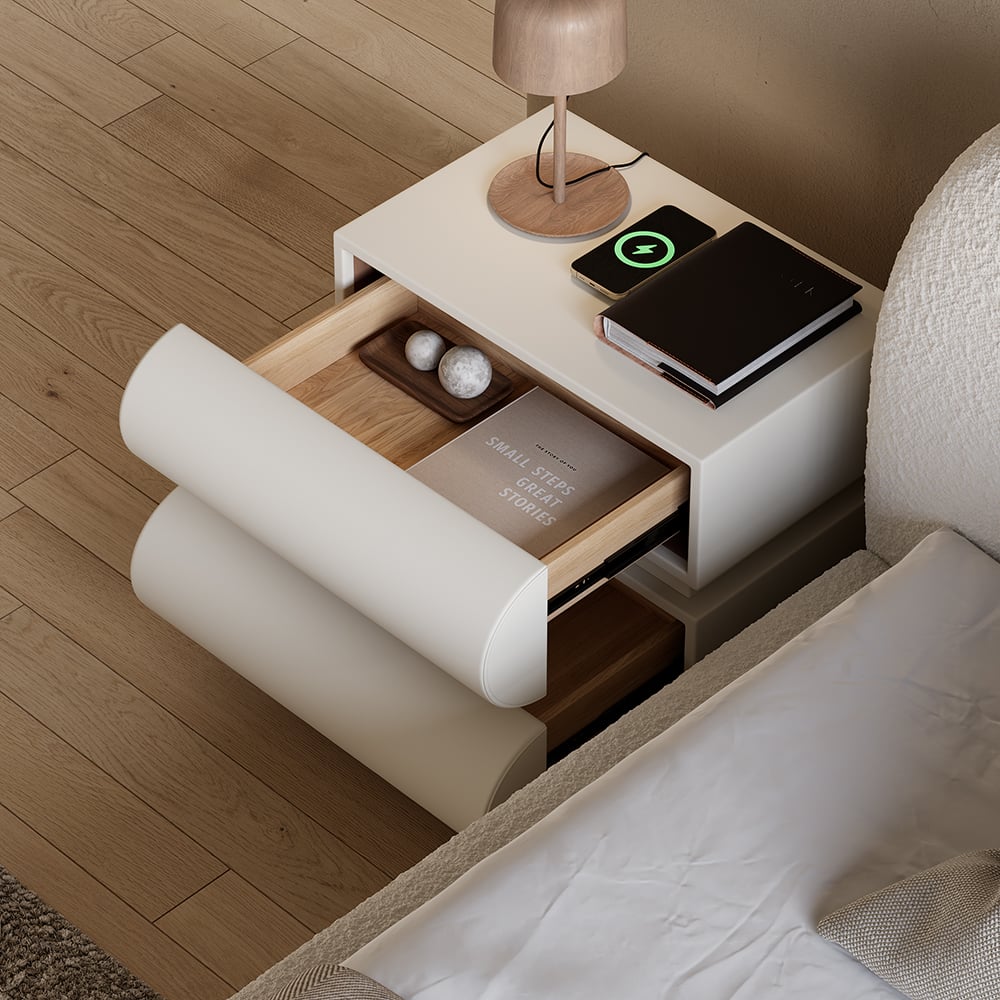 Japandi White Leather Nightstand - Japandi