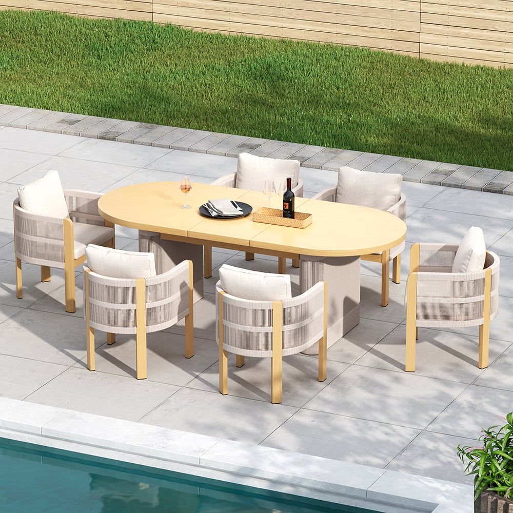 Japandi Aluminum Outdoor Dining Set With Extendable Table and Woven Chairs - Japandi