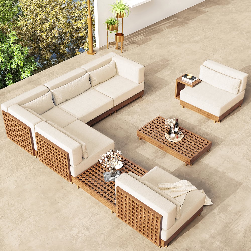 Japandi 9-Piece Teak Patio Modular Sofa Set Cushions and Table - Japandi