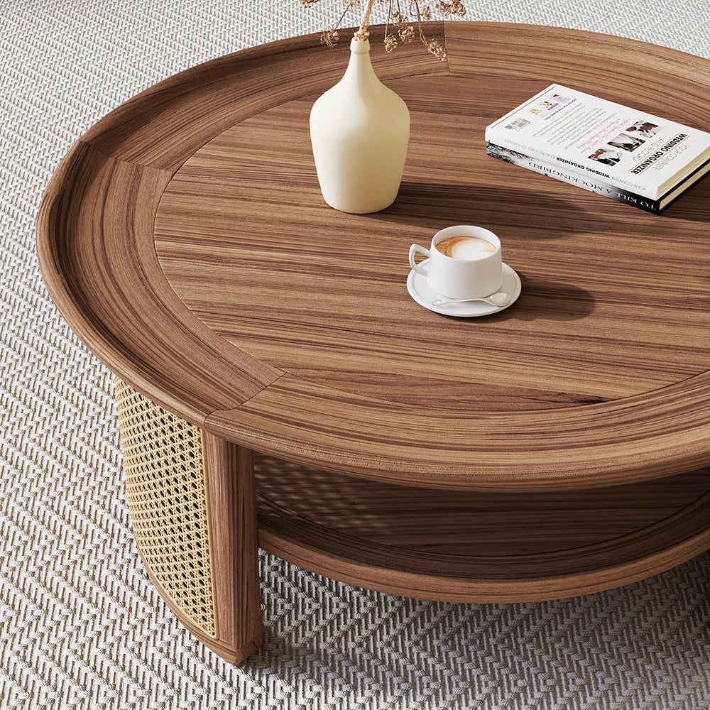 Japandi Round Walnut Wood Coffee Table - Japandi