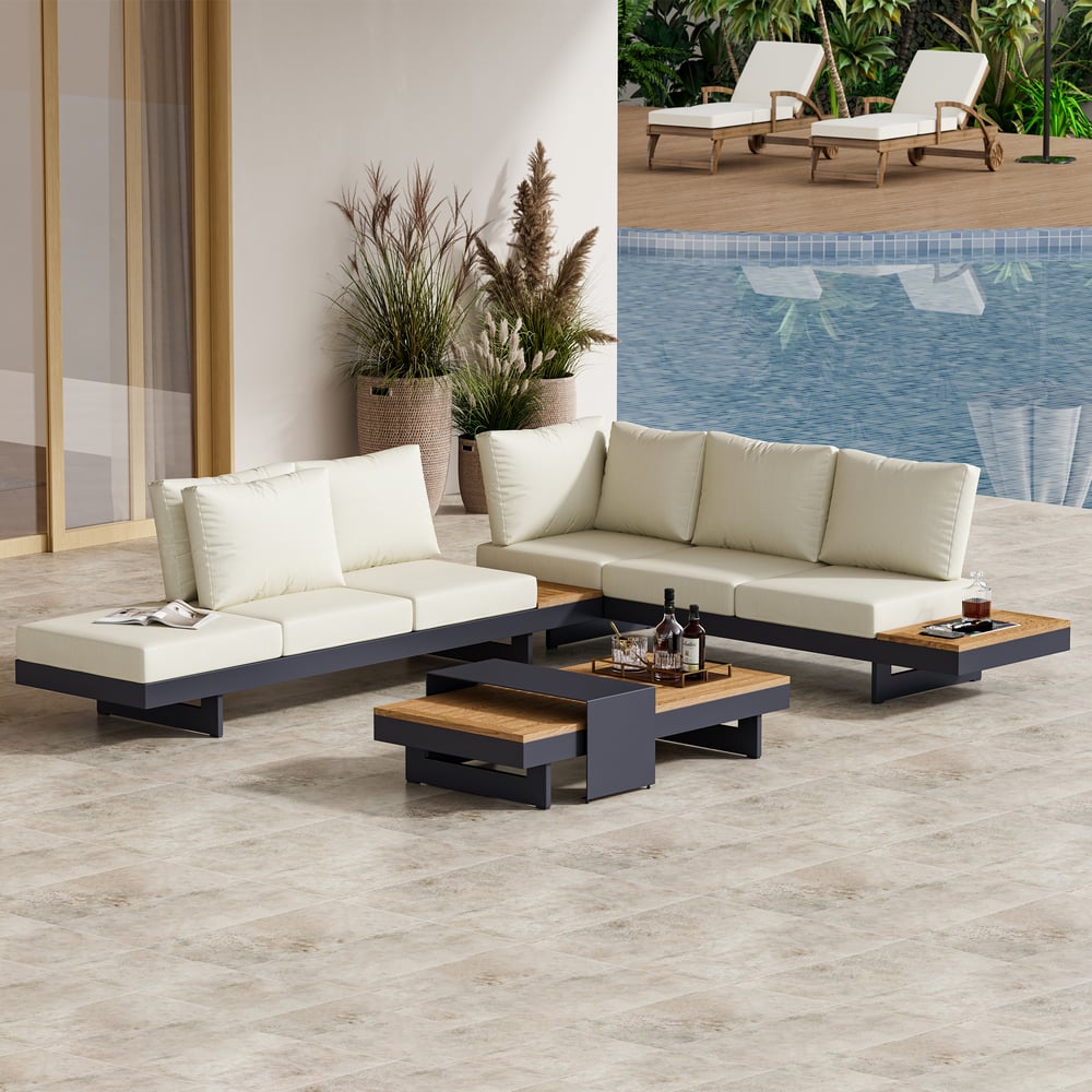 Japandi L-Shape Teak Sectional Sofa Set With Wood Coffee Table - Japandi