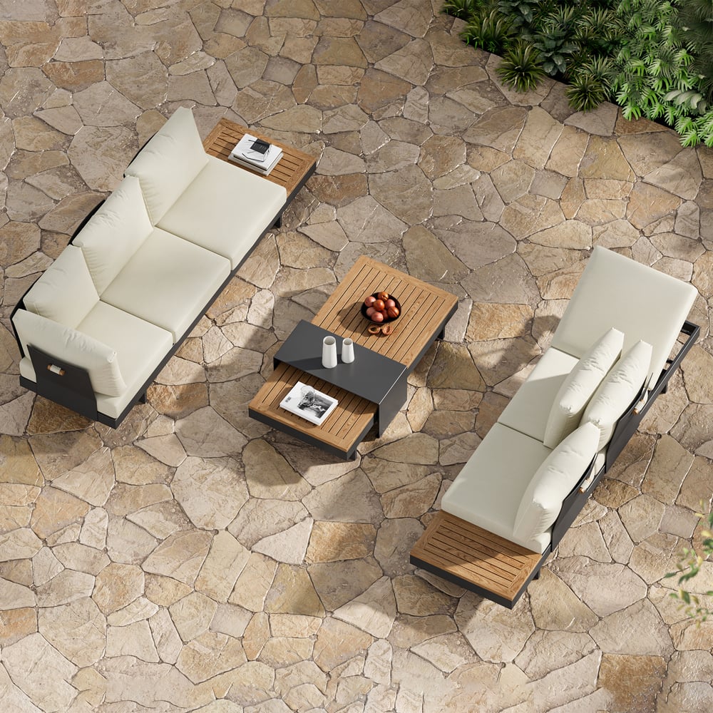 Japandi L-Shape Teak Sectional Sofa Set With Wood Coffee Table - Japandi