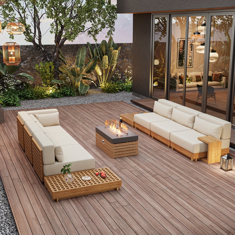 Japandi Gas Fire Pit Table With Teak Modular Sectional Sofa - Japandi