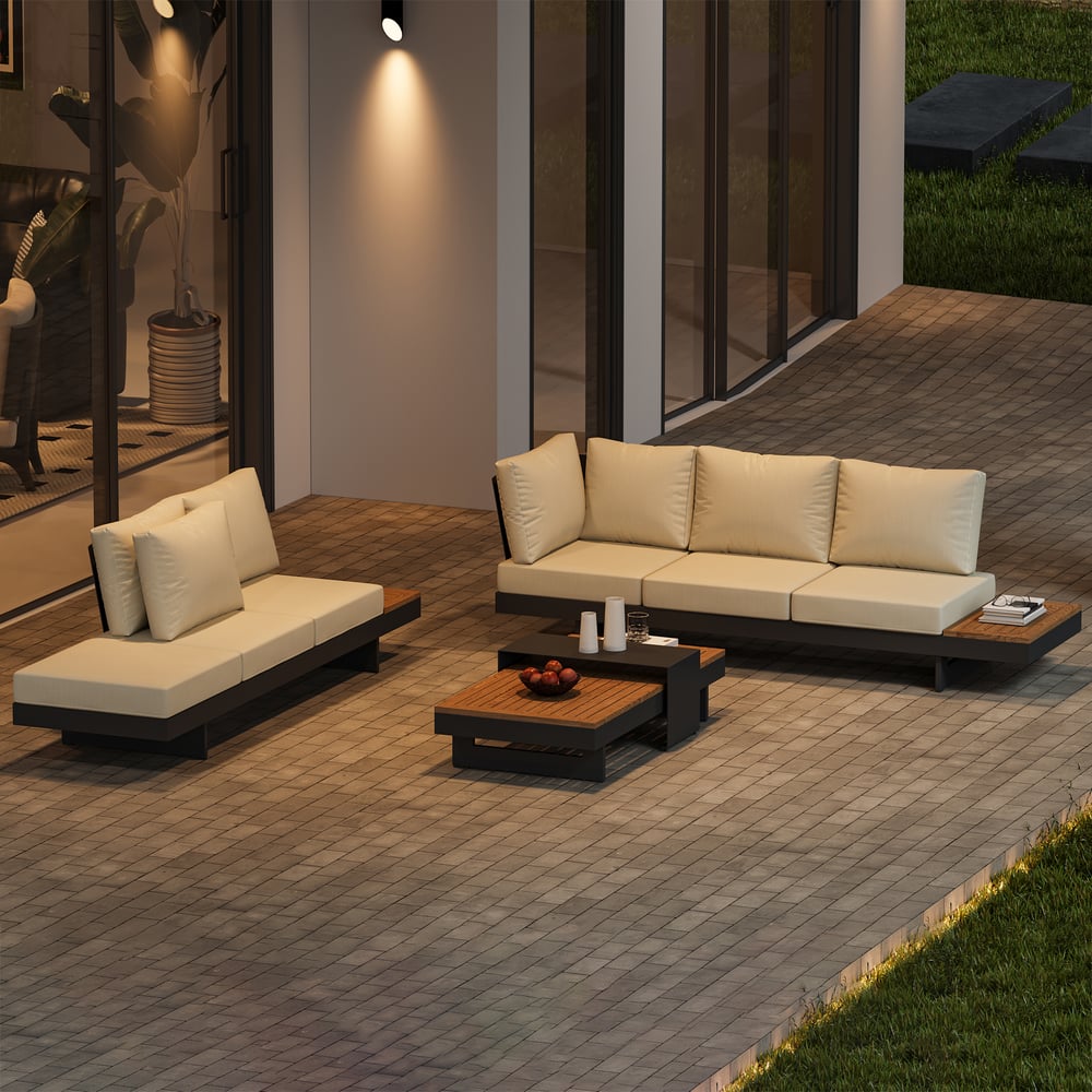 Japandi L-Shape Teak Sectional Sofa Set With Wood Coffee Table - Japandi