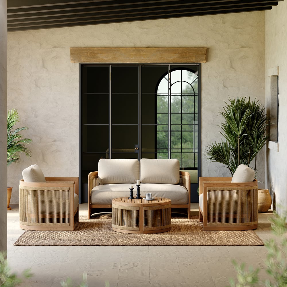 Japandi 4-Piece Beige Teak Sofa Set With Woven Rope Detail - Japandi