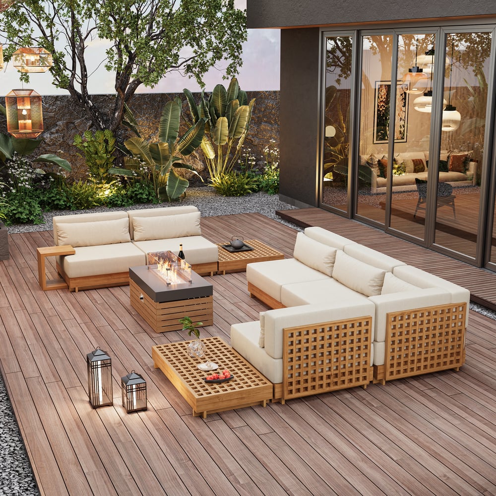 Japandi Gas Fire Pit Table With Teak Modular Sectional Sofa - Japandi
