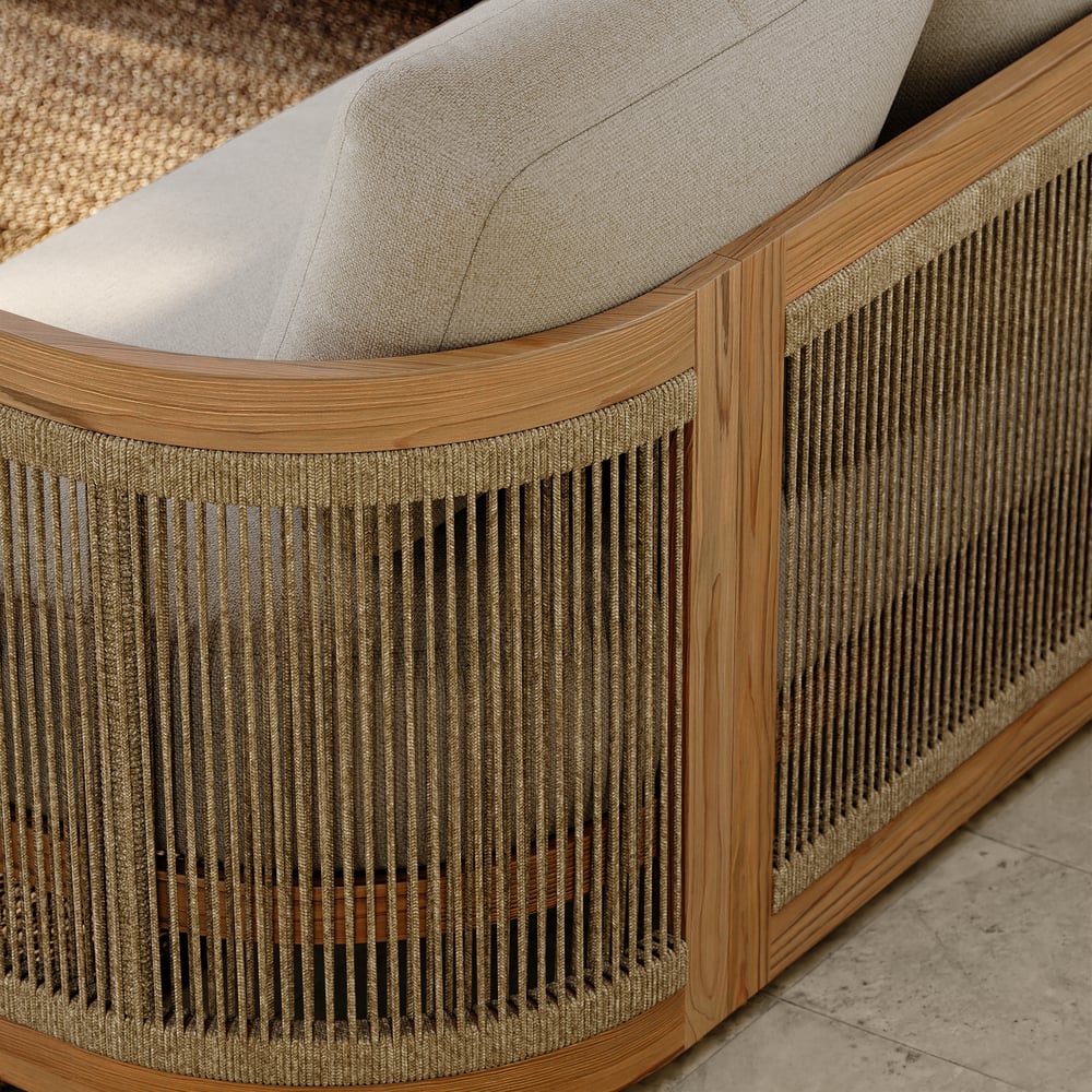Japandi 4-Piece Beige Teak Sofa Set With Woven Rope Detail - Japandi