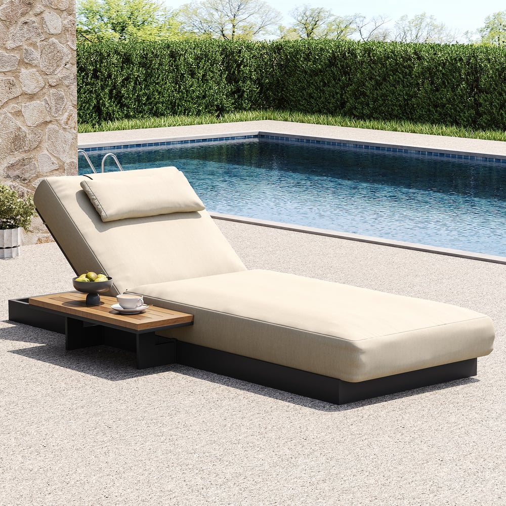 Japandi Outdoor Lounger Daybed With Beige Cushion and Pillow - Japandi
