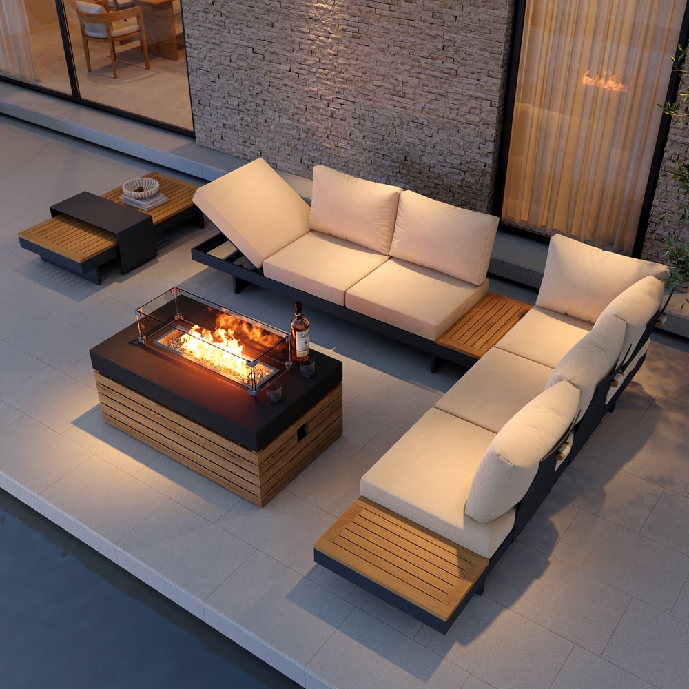 Japandi Fire Pit Table With Modern Outdoor Sectional Sofa - Japandi