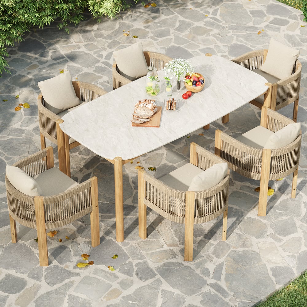 Japandi White Cement Teak Dining Table Set With Rattan Chairs - Japandi