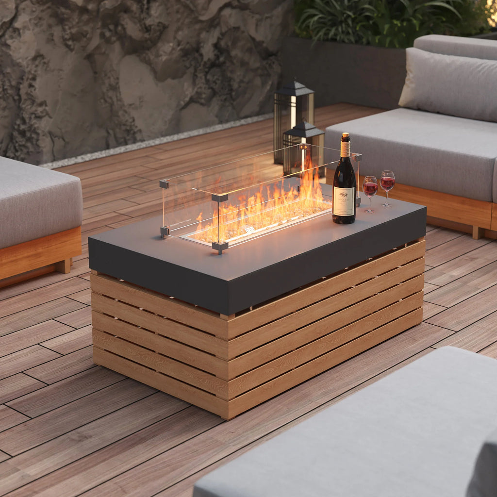 Japandi Propane Gas Fire Pit Table & Beige Outdoor Sectional Sofa Set - Japandi