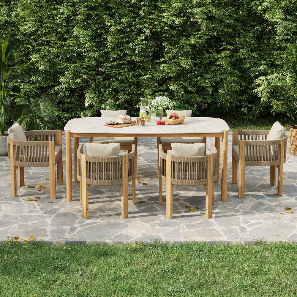 Japandi White Cement Teak Dining Table Set With Rattan Chairs - Japandi