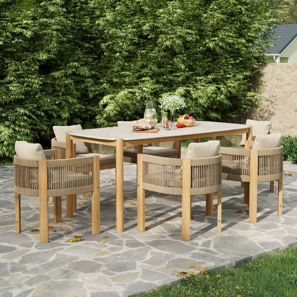 Japandi White Cement Teak Dining Table Set With Rattan Chairs - Japandi