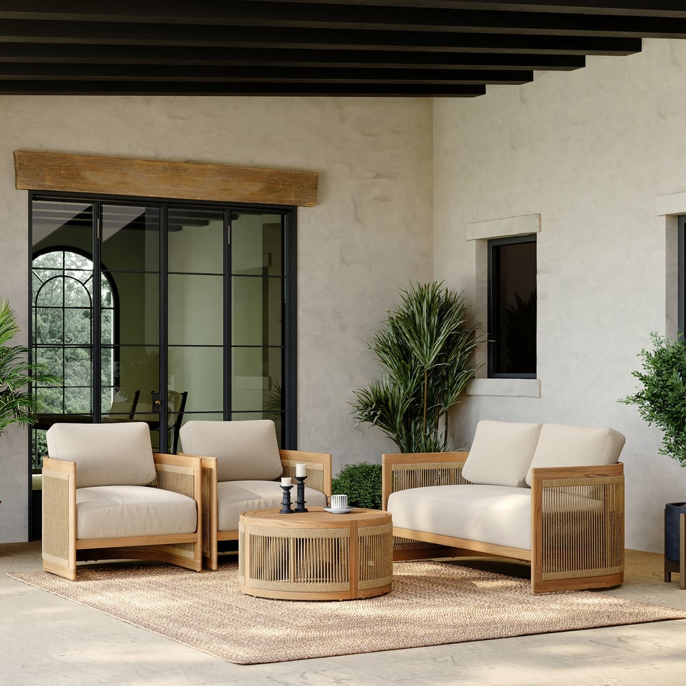 Japandi 4-Piece Beige Teak Sofa Set With Woven Rope Detail - Japandi