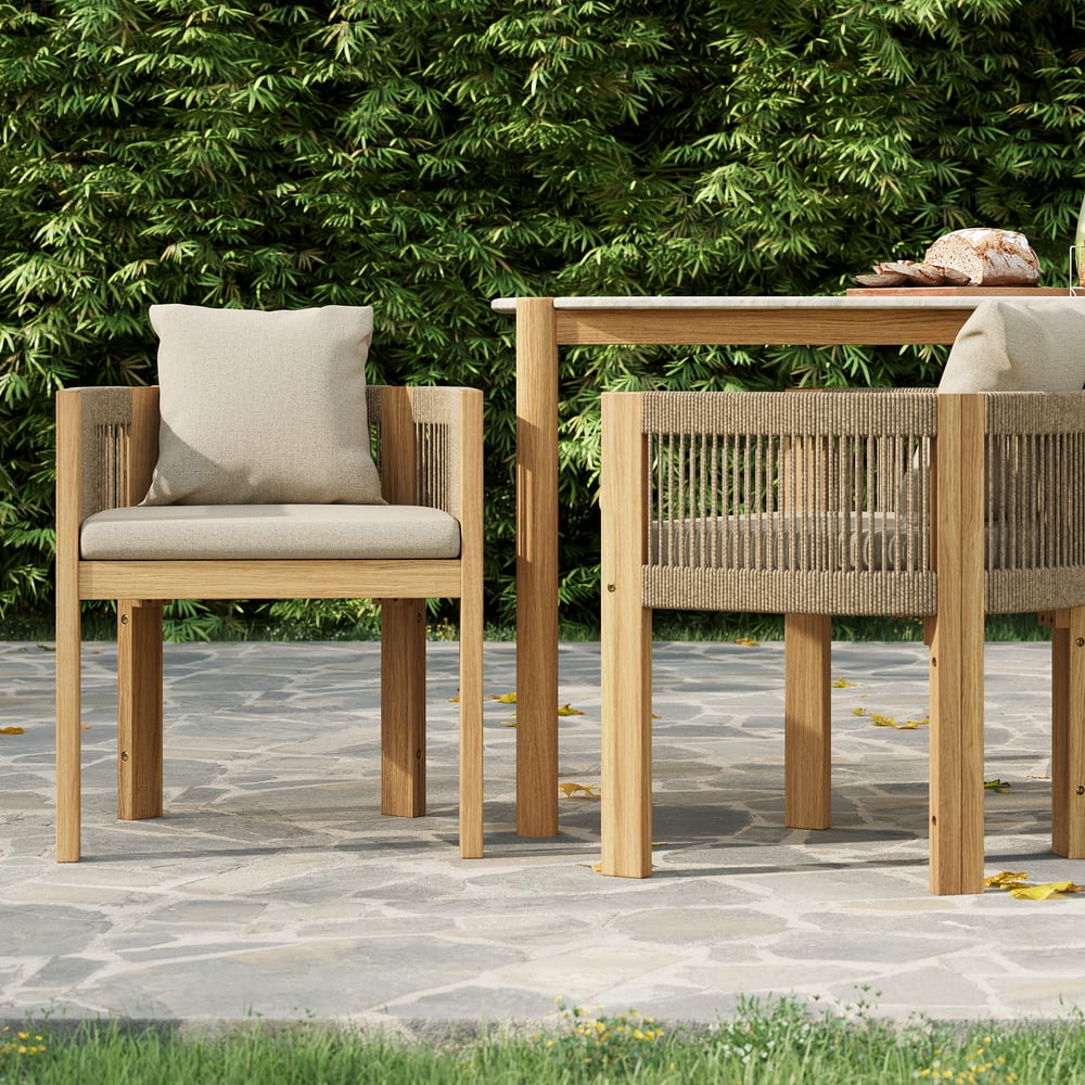 Japandi White Cement Teak Dining Table Set With Rattan Chairs - Japandi