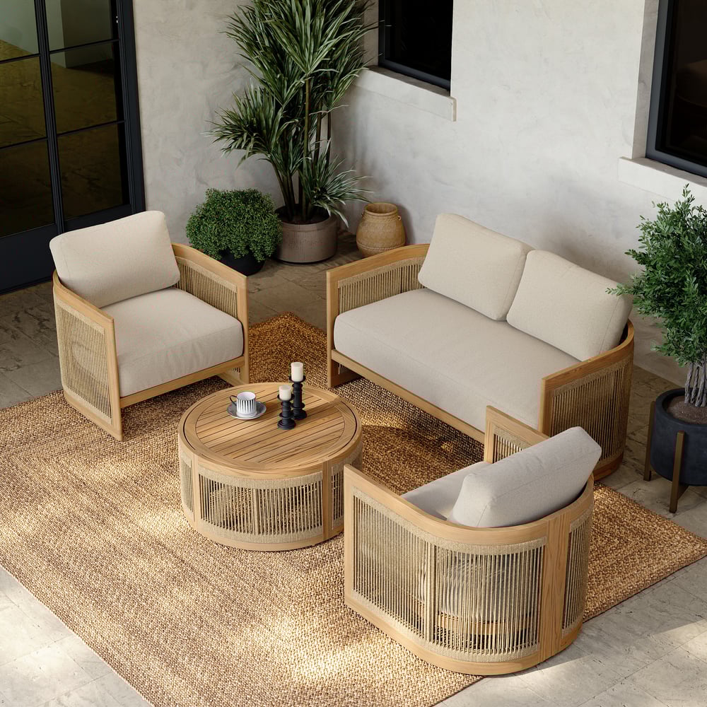 Japandi 4-Piece Beige Teak Sofa Set With Woven Rope Detail - Japandi