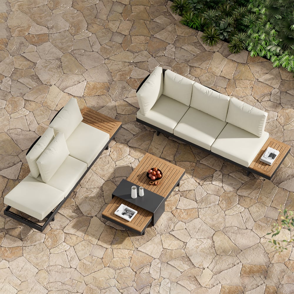 Japandi L-Shape Teak Sectional Sofa Set With Wood Coffee Table - Japandi
