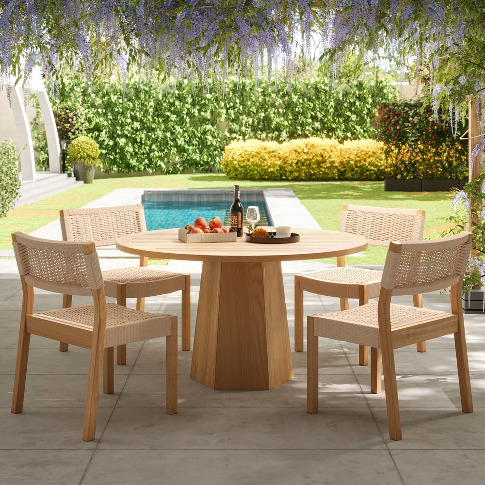 Japandi 5-Piece Teak Dining Set With Rope Woven Chairs - Japandi