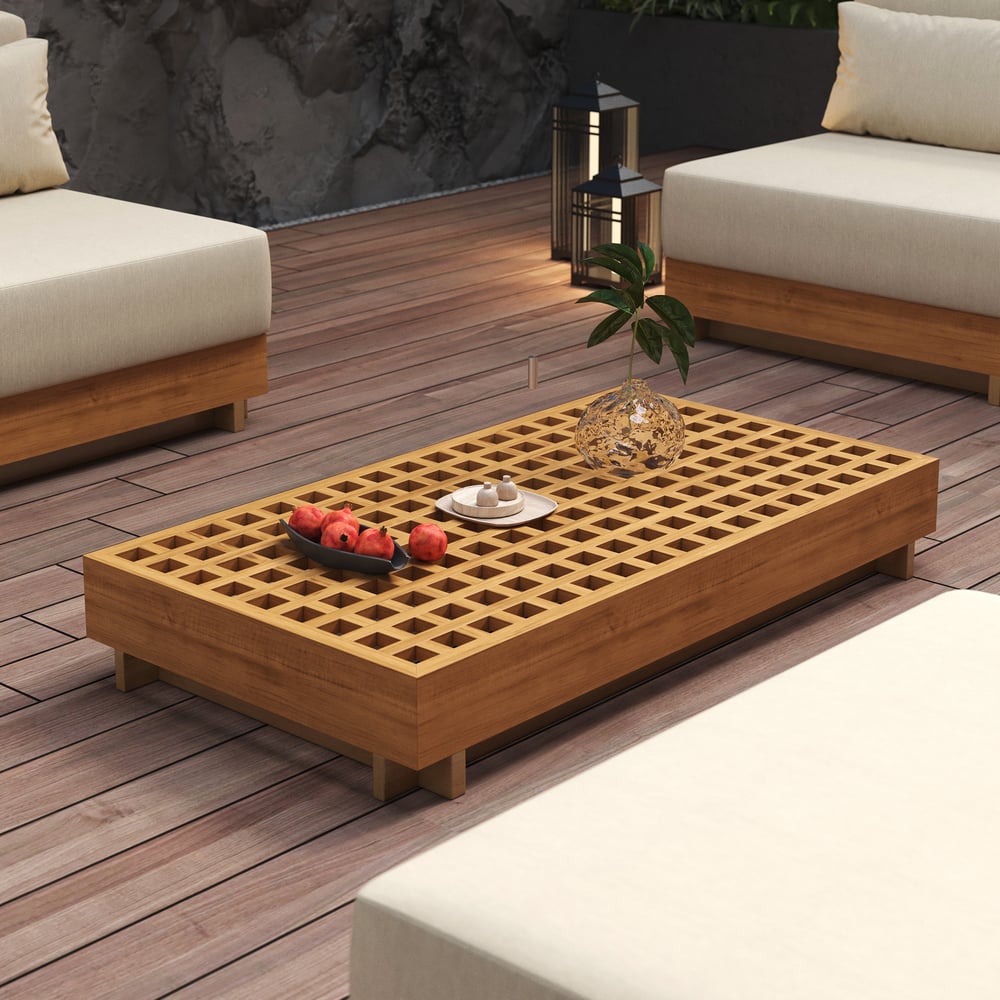 Japandi Gas Fire Pit Table With Teak Modular Sectional Sofa - Japandi