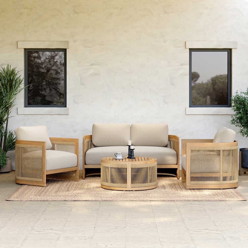 Japandi 4-Piece Beige Teak Sofa Set With Woven Rope Detail - Japandi