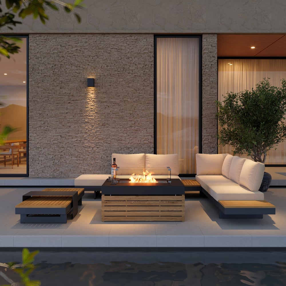 Japandi Fire Pit Table With Modern Outdoor Sectional Sofa - Japandi