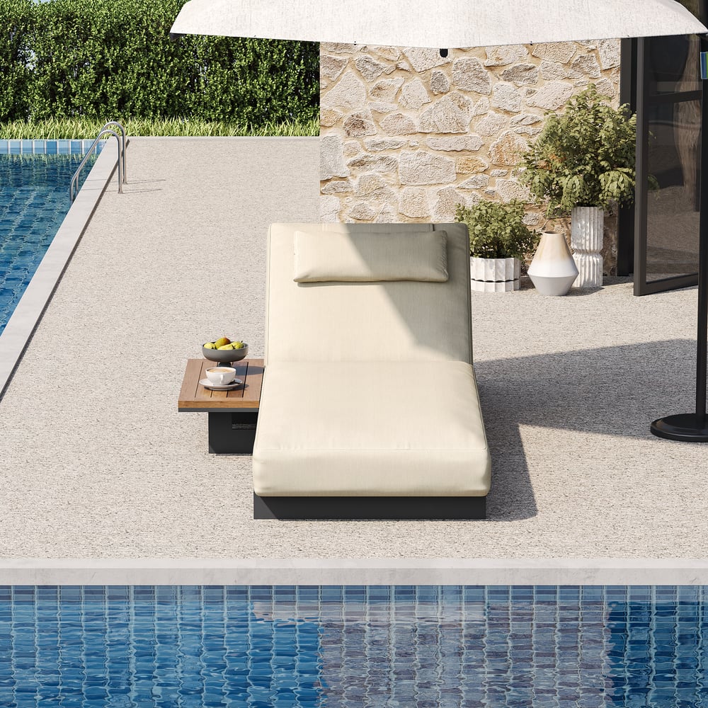 Japandi Outdoor Lounger Daybed With Beige Cushion and Pillow - Japandi