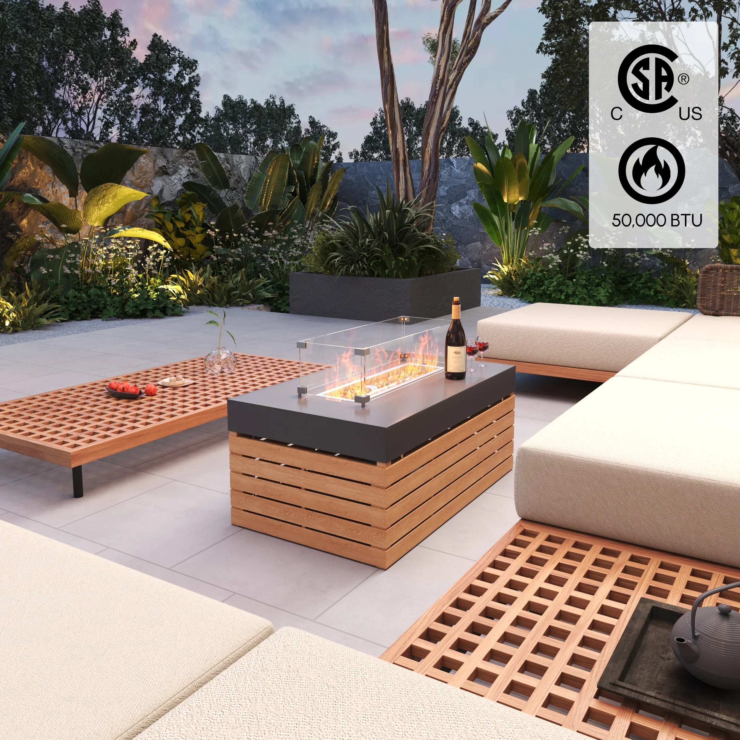 Japandi Propane Gas Fire Pit Table & Beige Outdoor Sectional Sofa Set - Japandi