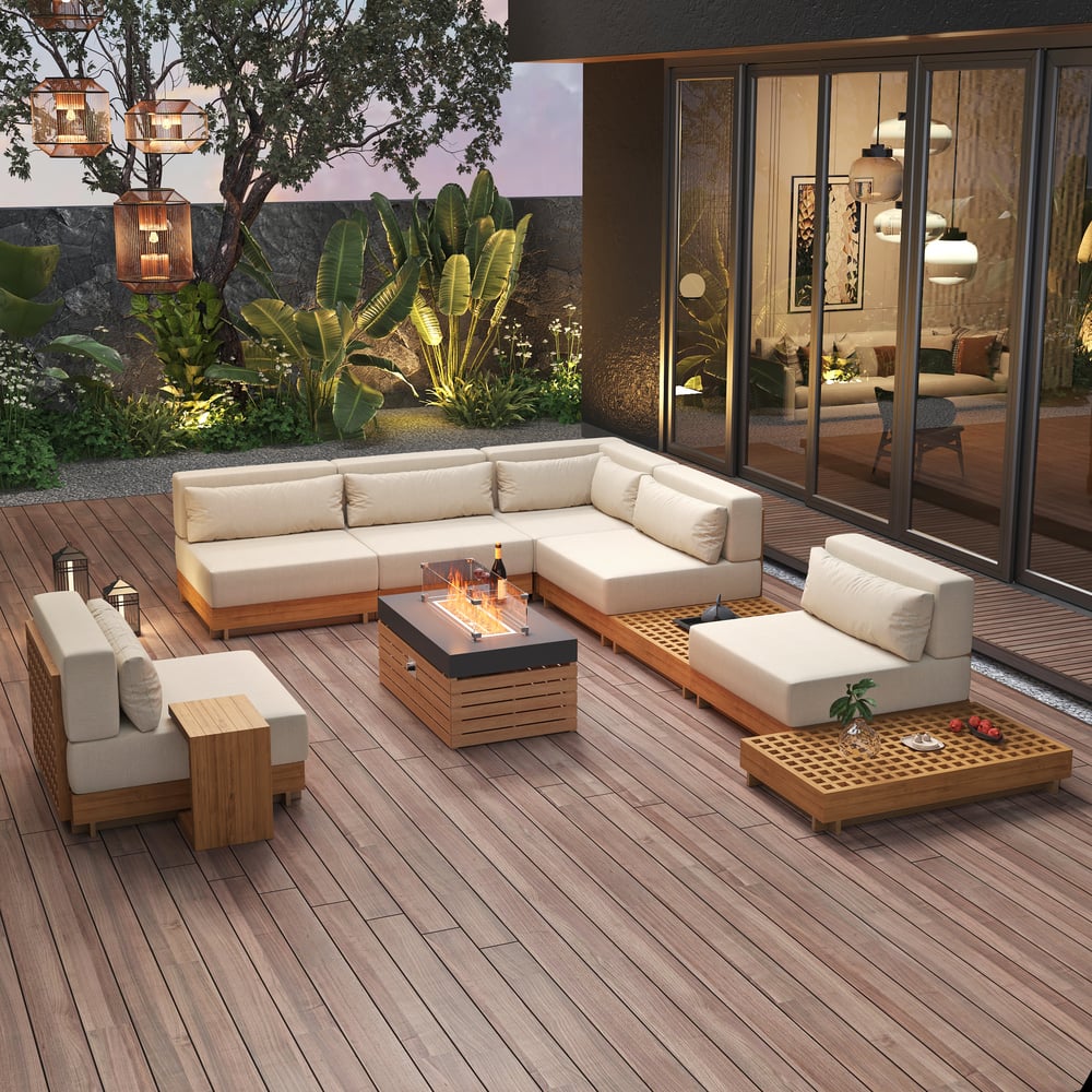 Japandi Gas Fire Pit Table With Teak Modular Sectional Sofa - Japandi