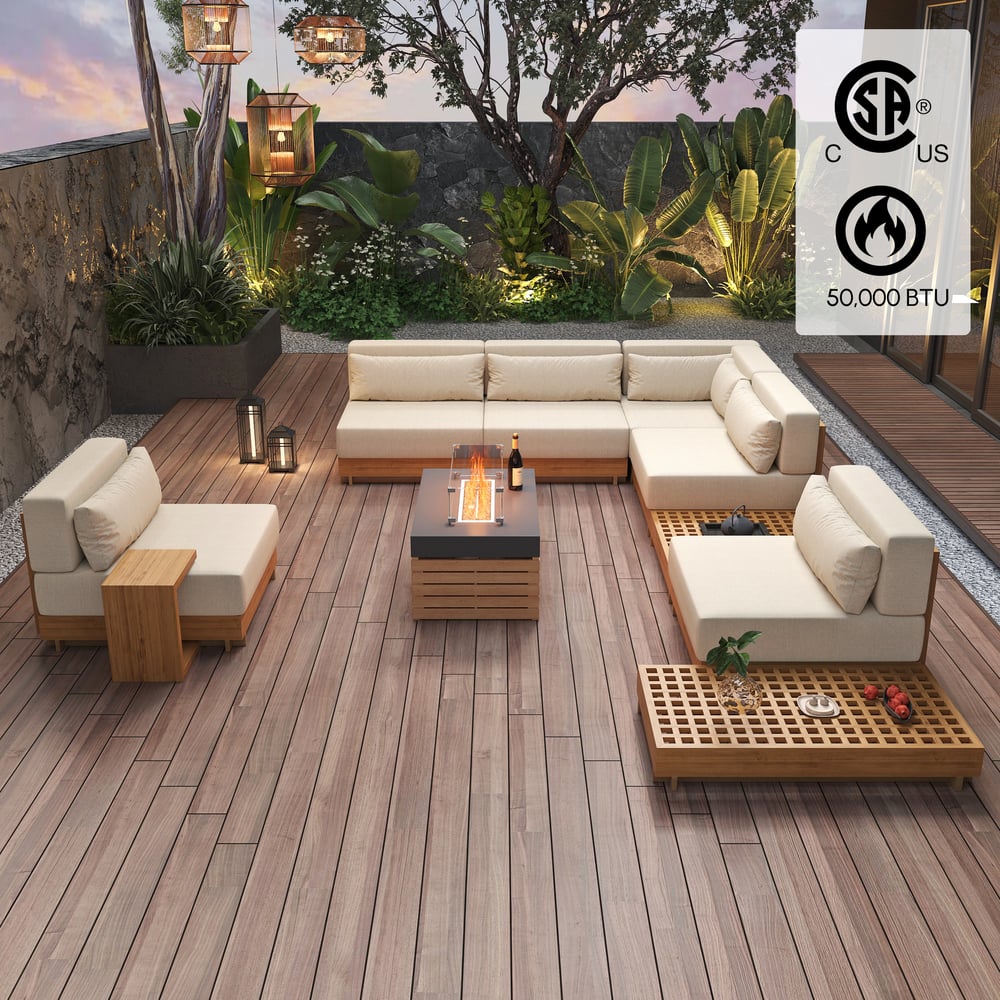 Japandi Gas Fire Pit Table With Teak Modular Sectional Sofa - Japandi
