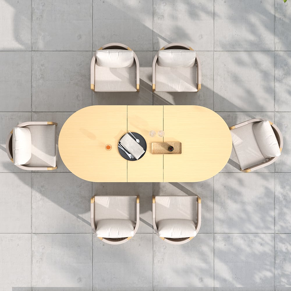 Japandi Aluminum Outdoor Dining Set With Extendable Table and Woven Chairs - Japandi