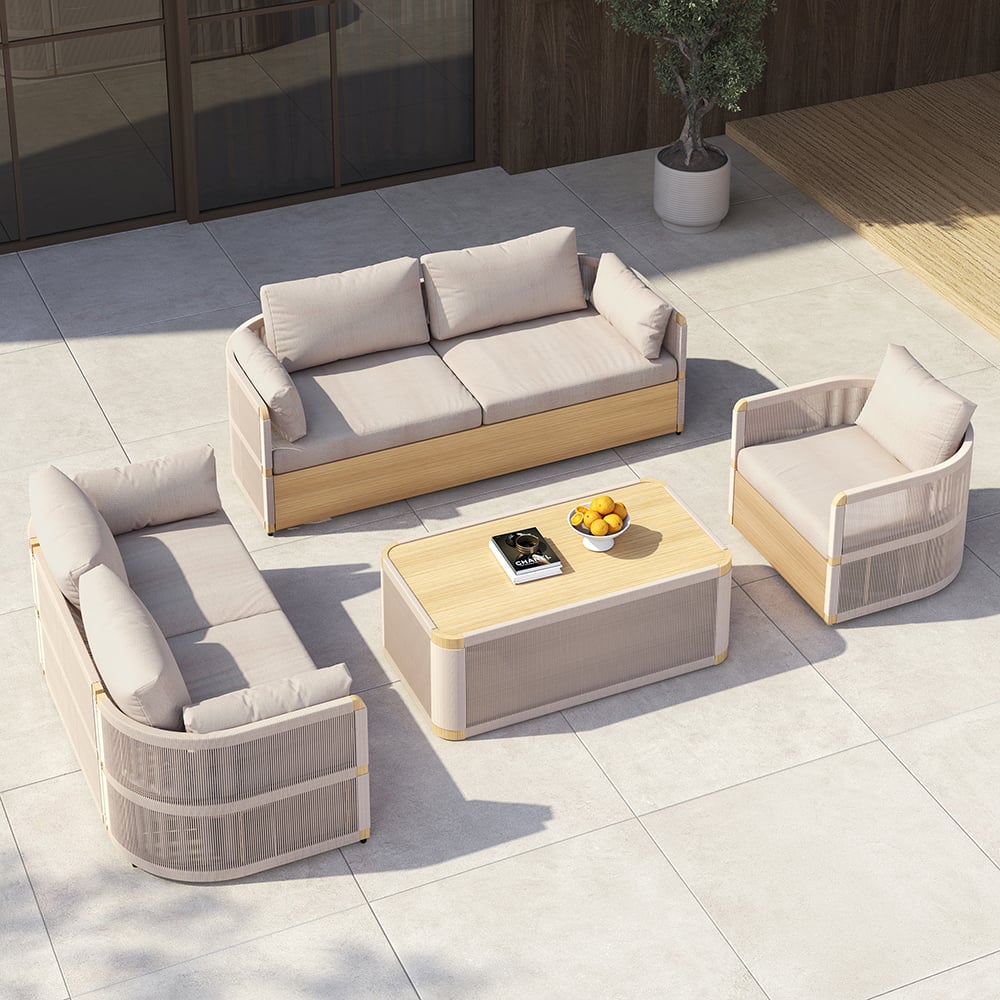 Japandi 4-Piece Rope Woven Aluminum Patio Sofa Set in Khaki - Japandi