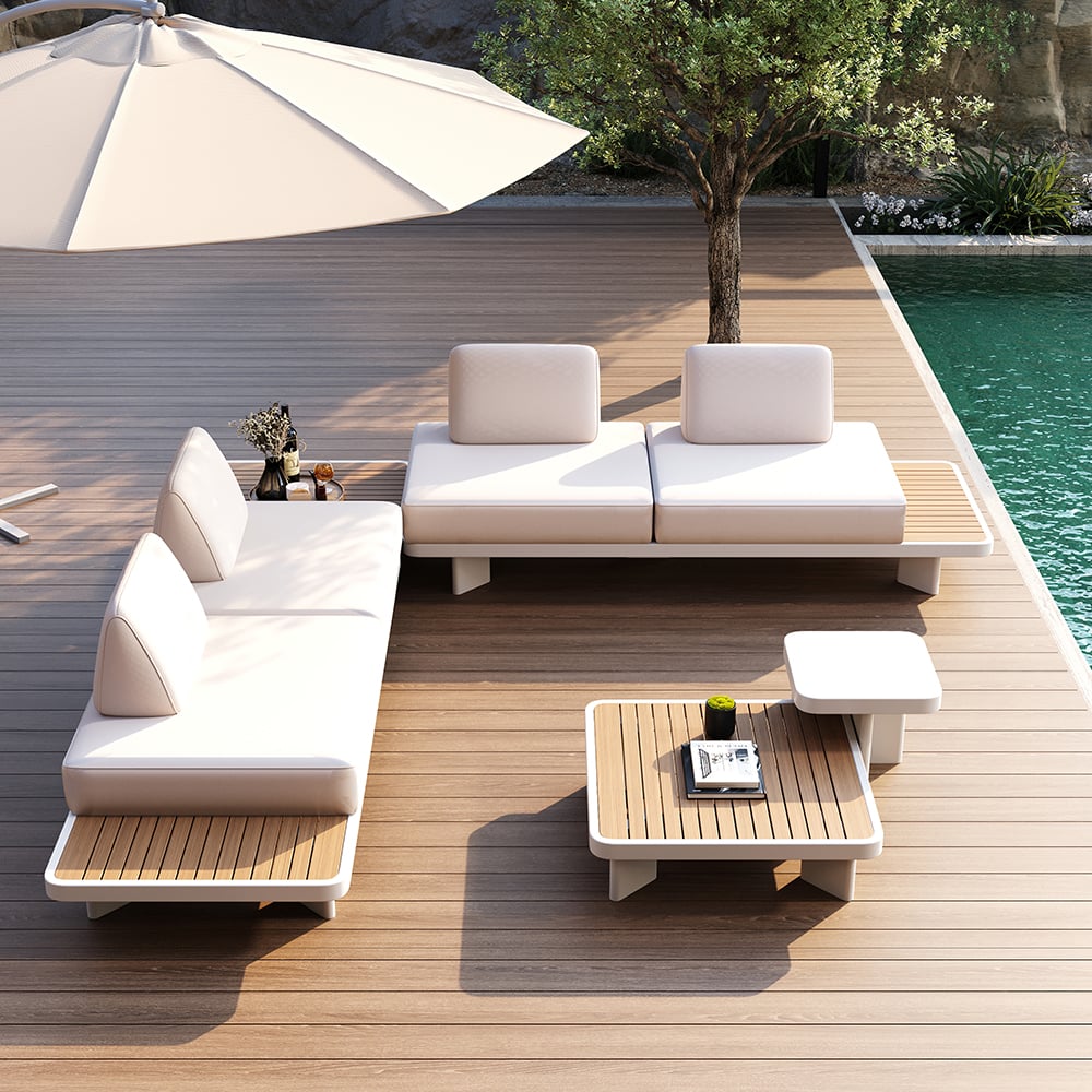 Japandi 5-Piece L-Shape Sectional Sofa Set With Wood Coffee Table - Japandi