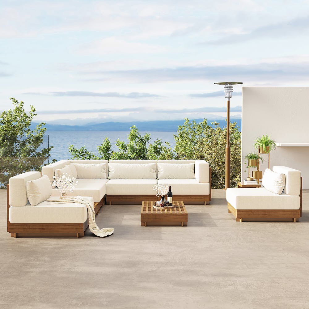 Japandi 9-Piece Teak Patio Modular Sofa Set Cushions and Table - Japandi