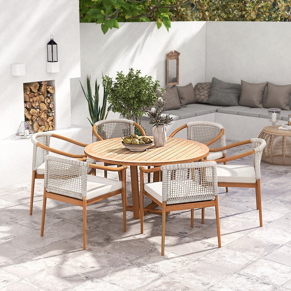 Japandi 7-Piece Round Wood Outdoor Dining Set With Chairs - Japandi