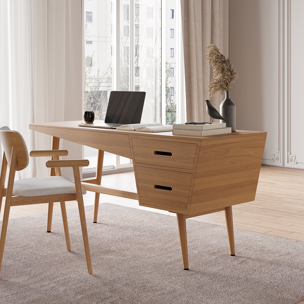 Japandi Wood Desk with 2 Drawers - Japandi