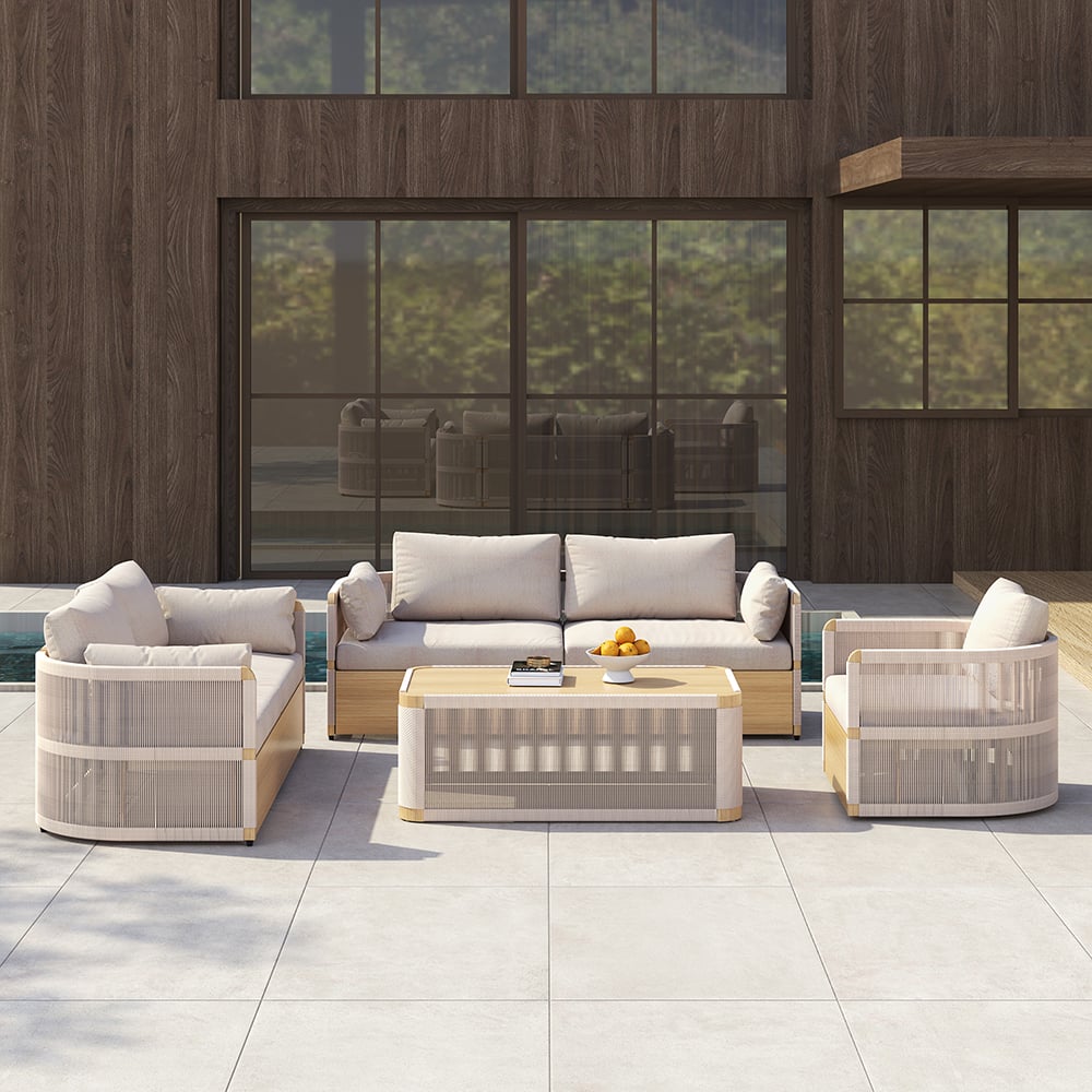 Japandi 4-Piece Rope Woven Aluminum Patio Sofa Set in Khaki - Japandi