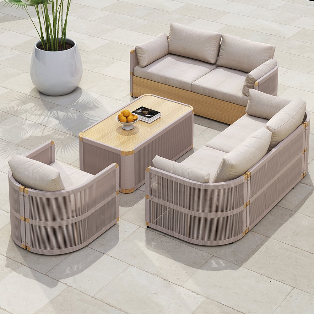 Japandi 4-Piece Rope Woven Aluminum Patio Sofa Set in Khaki - Japandi