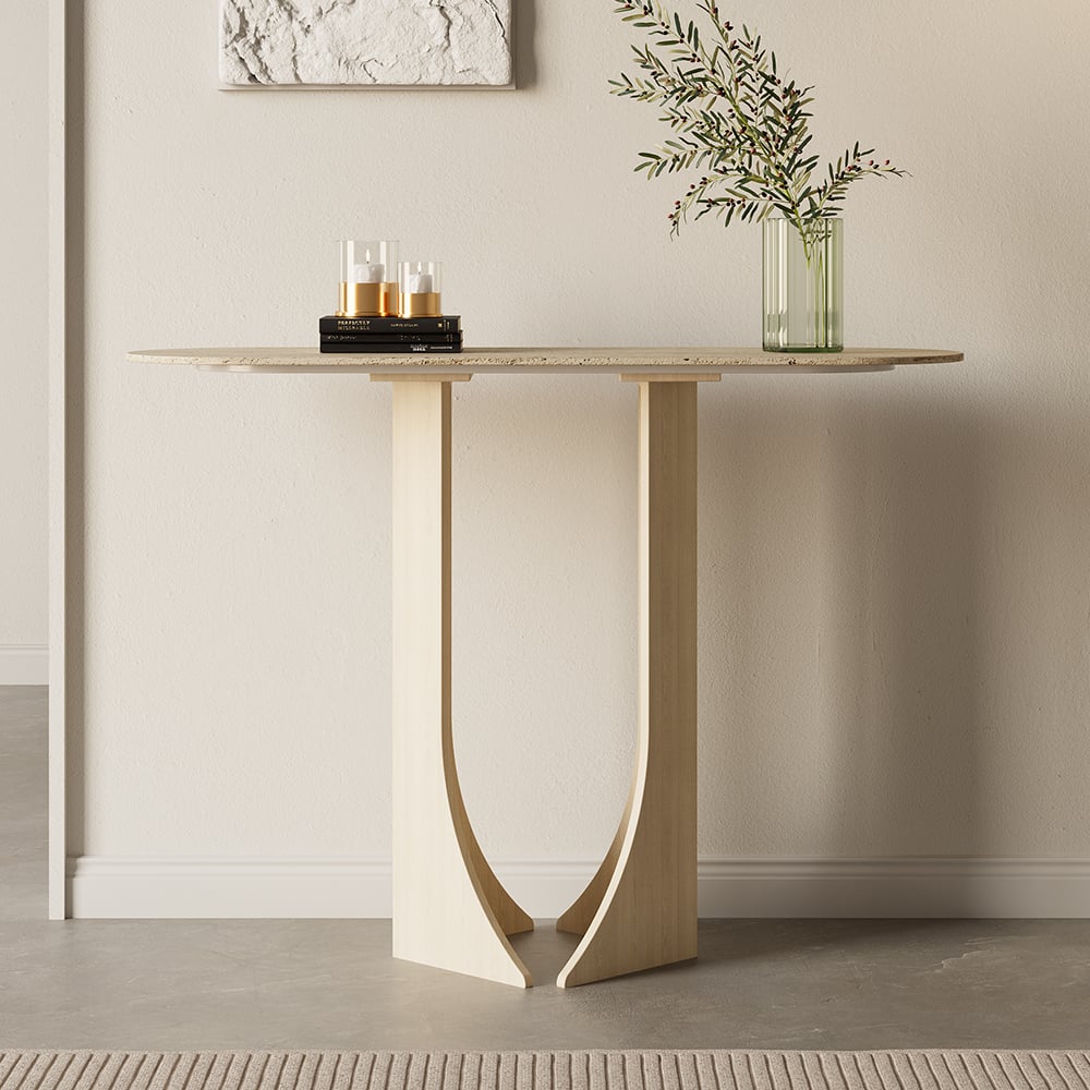 Japandi Oval Travertine Console Table - Japandi