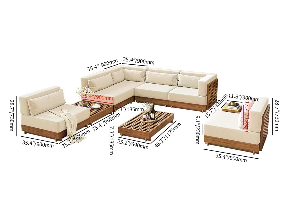Japandi 9-Piece Teak Patio Modular Sofa Set Cushions and Table - Japandi