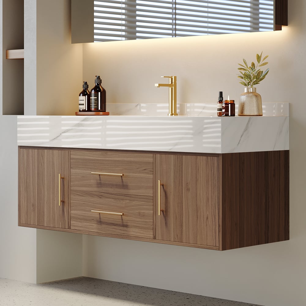 Japandi Walnut Floating Bathroom Vanity - Japandi
