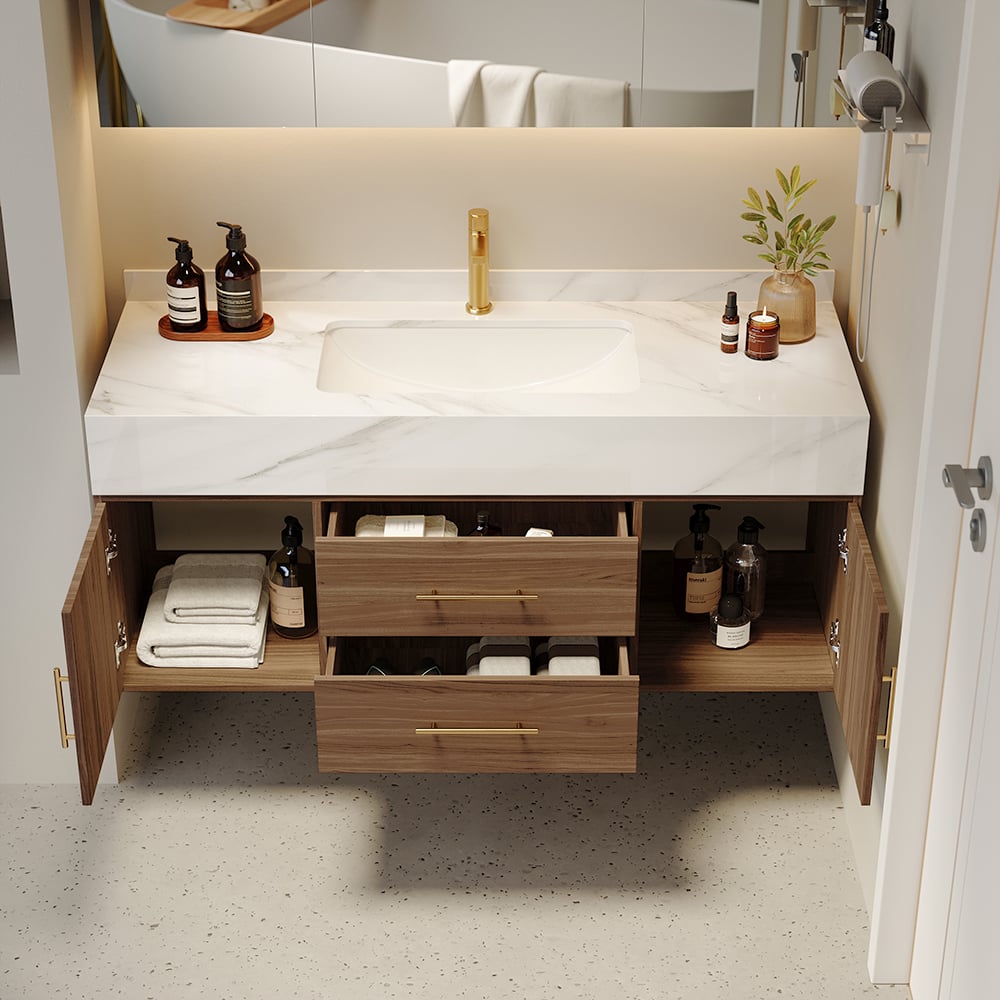 Japandi Walnut Floating Bathroom Vanity - Japandi