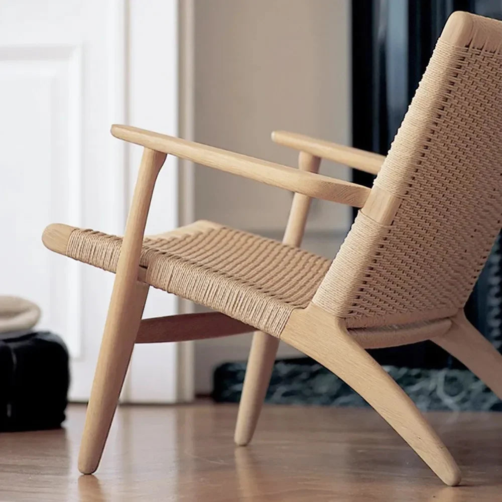 Japandi Solid Wood Lounge Chair With Woven Rope Back & Seat - Japandi