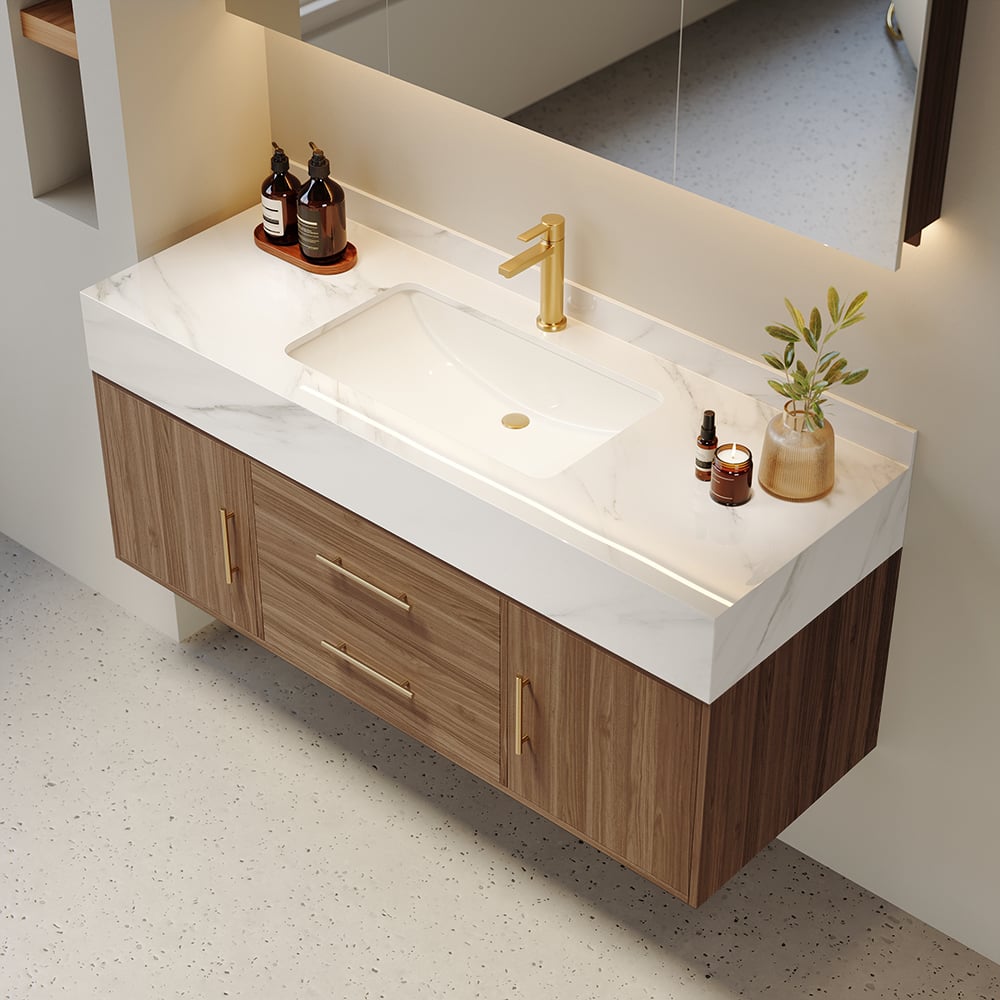 Japandi Walnut Floating Bathroom Vanity - Japandi