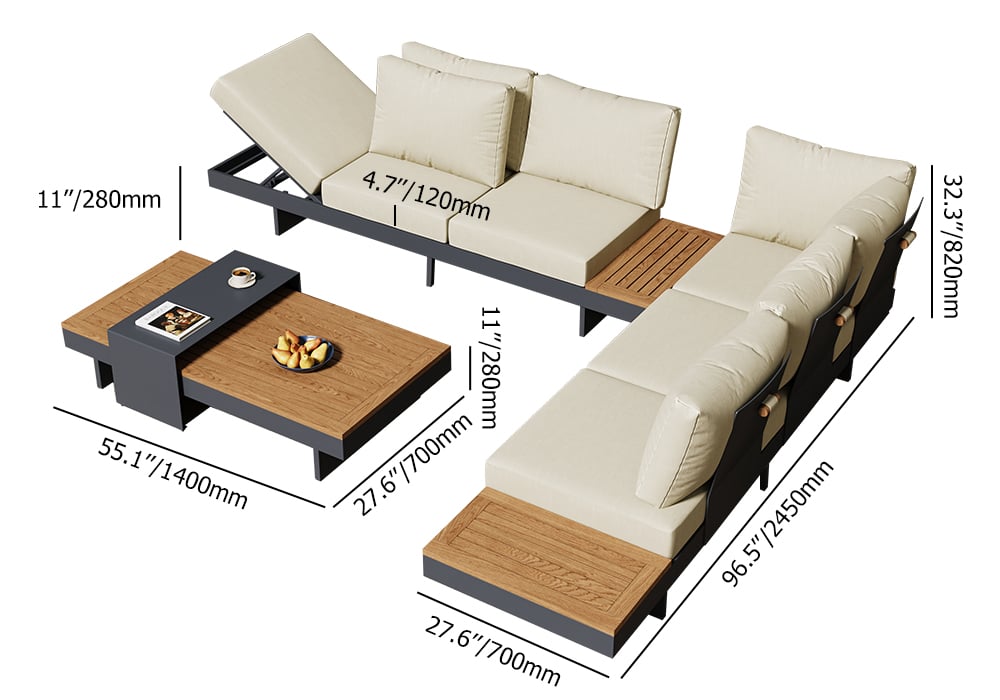 Japandi L-Shape Teak Sectional Sofa Set With Wood Coffee Table - Japandi
