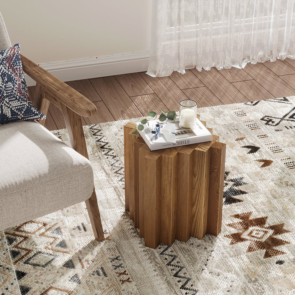 Japandi Geometric Wood Side Table - Japandi