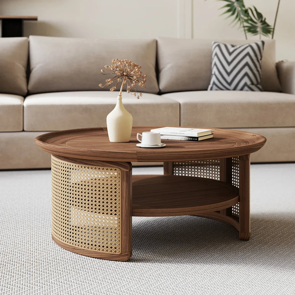 Japandi Round Walnut Wood Coffee Table - Japandi